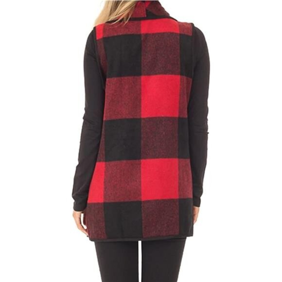 Women’s Plaid Sleeveless Vest, Open Front Cardigan with Pockets - Picture 4 of 7